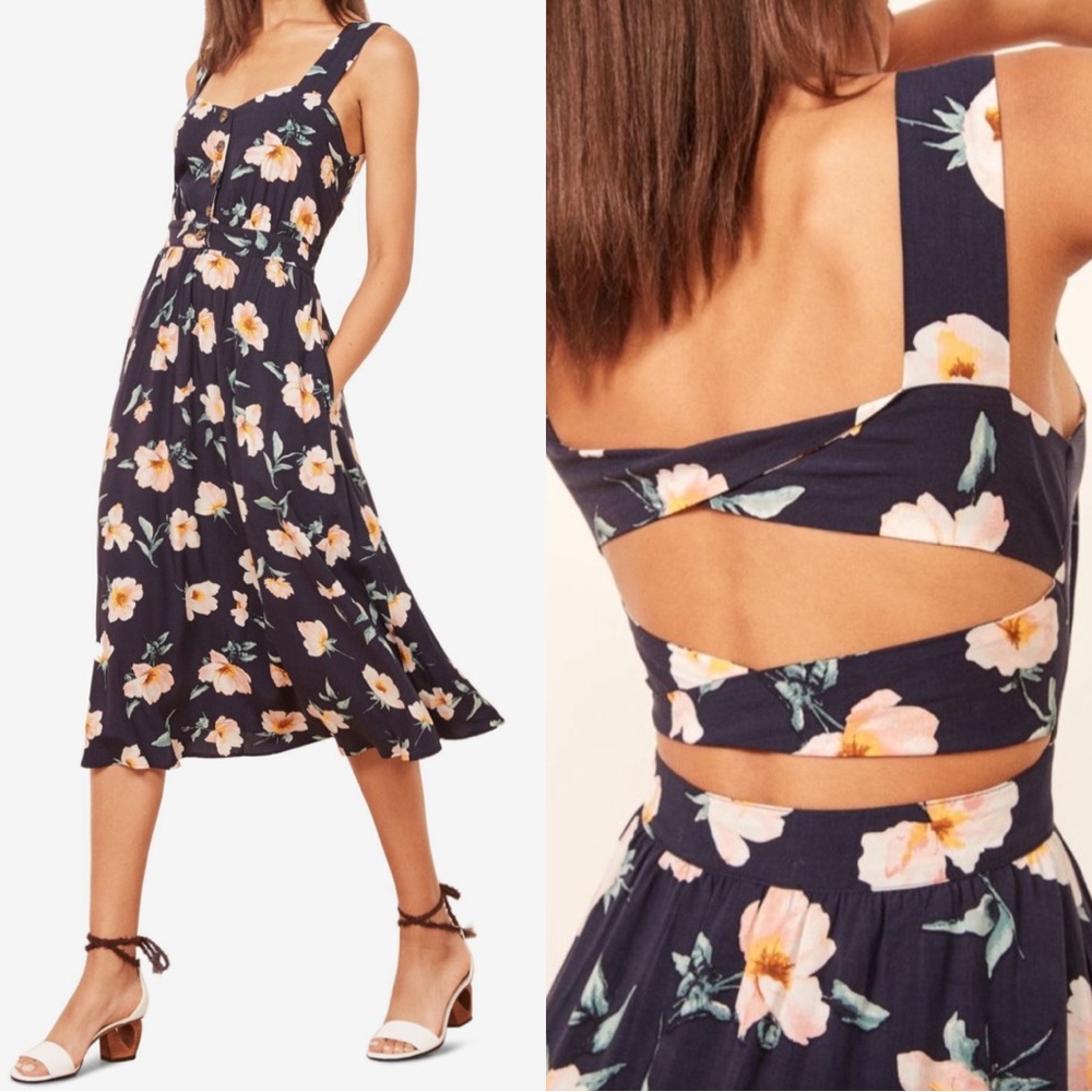 Reformation Lanai Floral Sleeveless Dress In Navy - Picture 14 of 14